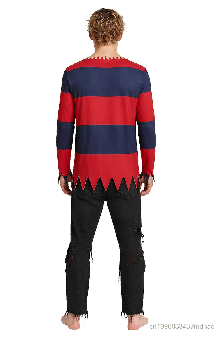 Men Horror Costume Striped Jagged Blood Sleeve Shirt Scary Halloween Outfit Adult Terror - Only Top / 170