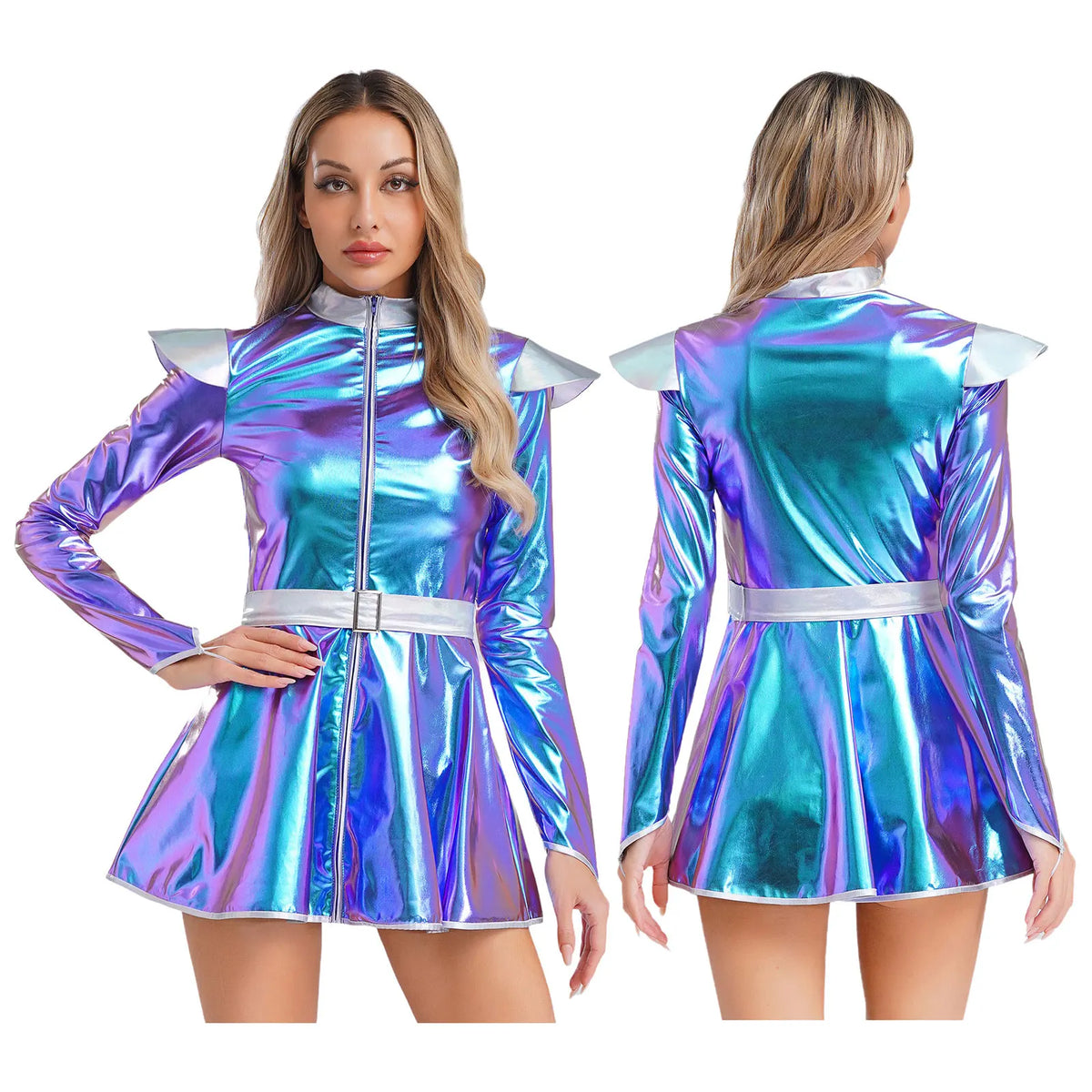 Women Halloween Alien Costume Long Sleeves Front Zip A-line Dress with Belt Shiny Metallic Outer Space Alien Costume