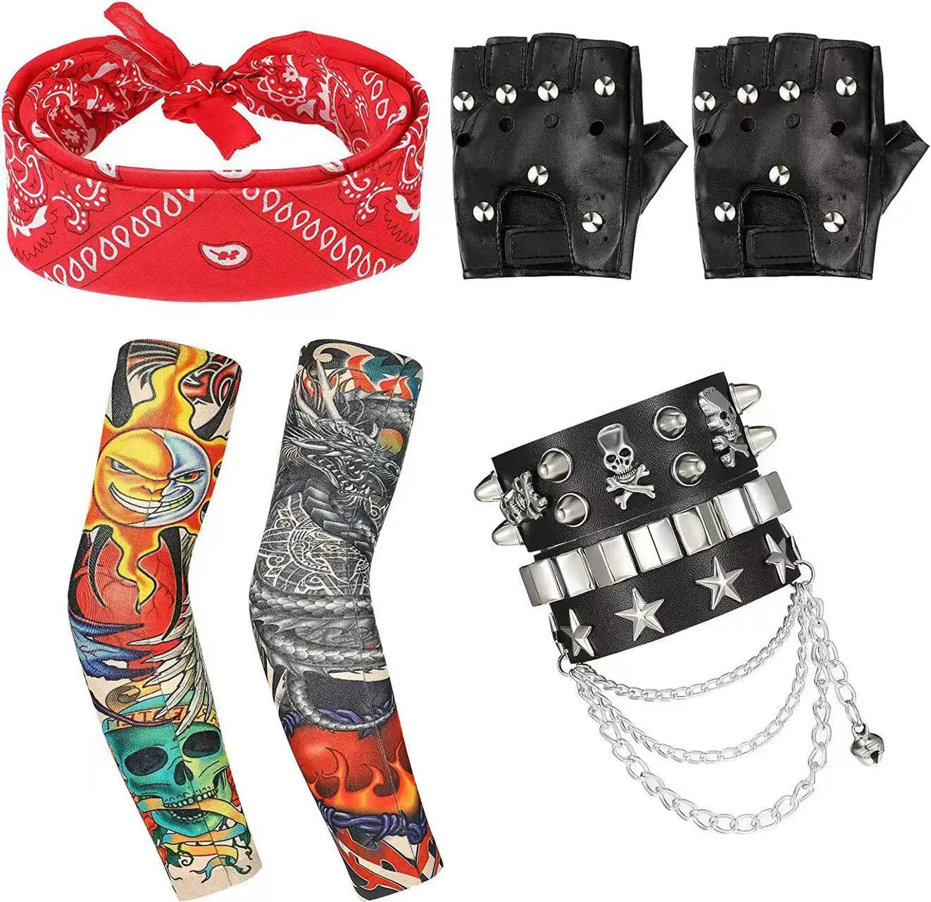 Hot 70s 80s Rocker Costume Heavy Metal Wig Men Women Hippie Wig With Bandana Sunglasses Punk Gloves Tattoo - product image 9