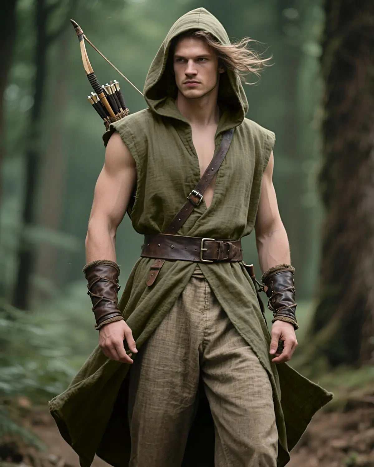 Men's Medieval Hooded Surcoat Renaissance Tabard Sleeveless Tunic Cloak Viking Costume - black / XL