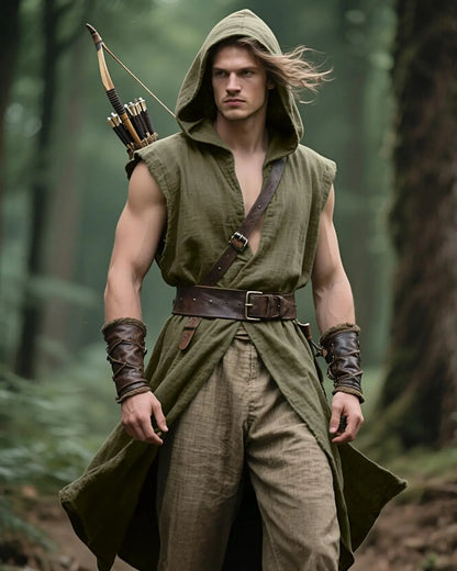 Men's Medieval Hooded Surcoat Renaissance Tabard Sleeveless Tunic Cloak Viking Costume - black / XL