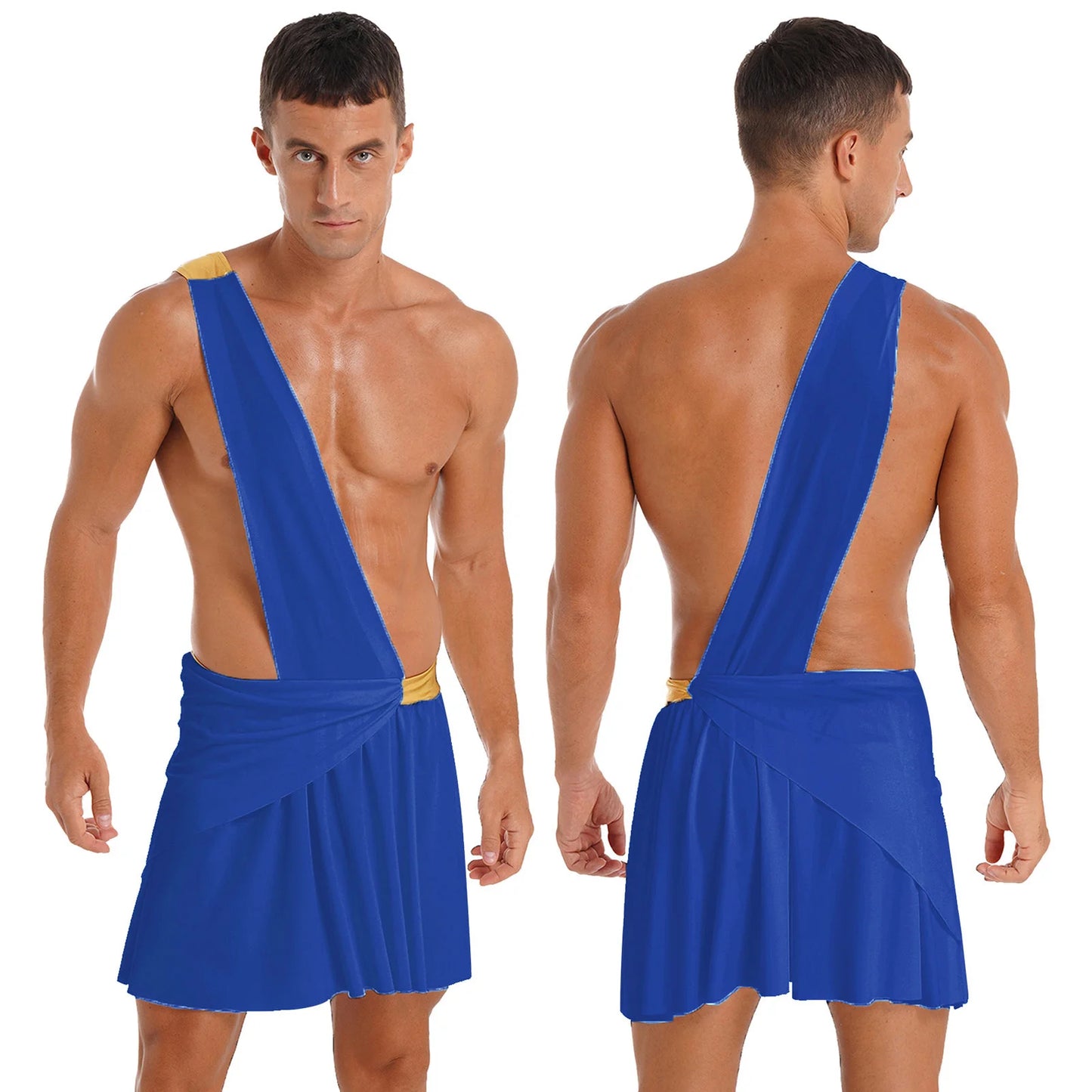 Men's Halloween Ancient Greek Roman Theme Toga Costume One Shoulder Strap Waistband Ruffle - White / L