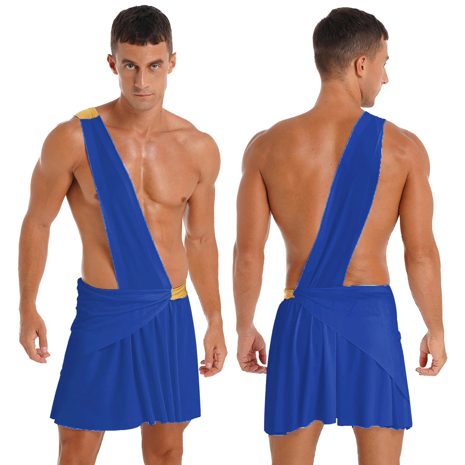 Men's Halloween Ancient Greek Roman Theme Toga Costume One Shoulder Strap Waistband Ruffle - White / L
