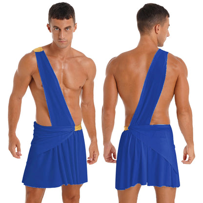 Men's Halloween Ancient Greek Roman Theme Toga Costume One Shoulder Strap Waistband Ruffle - White / L