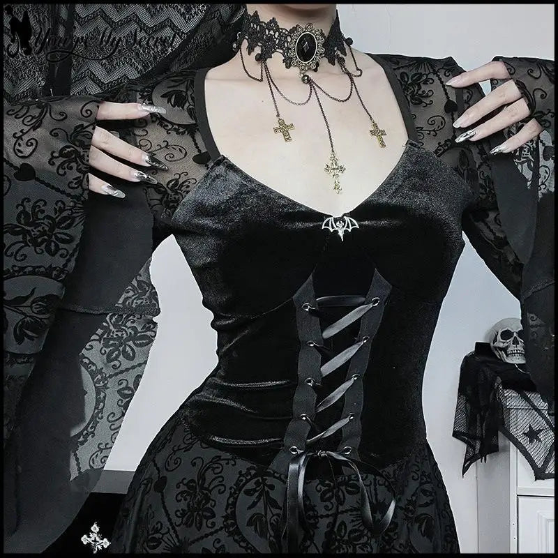 Women's Gothic Halloween Witch Dress Velvet V Neck Flocked Mesh Bell Sleeve Mini Dress Vintage Vampire - product image 5