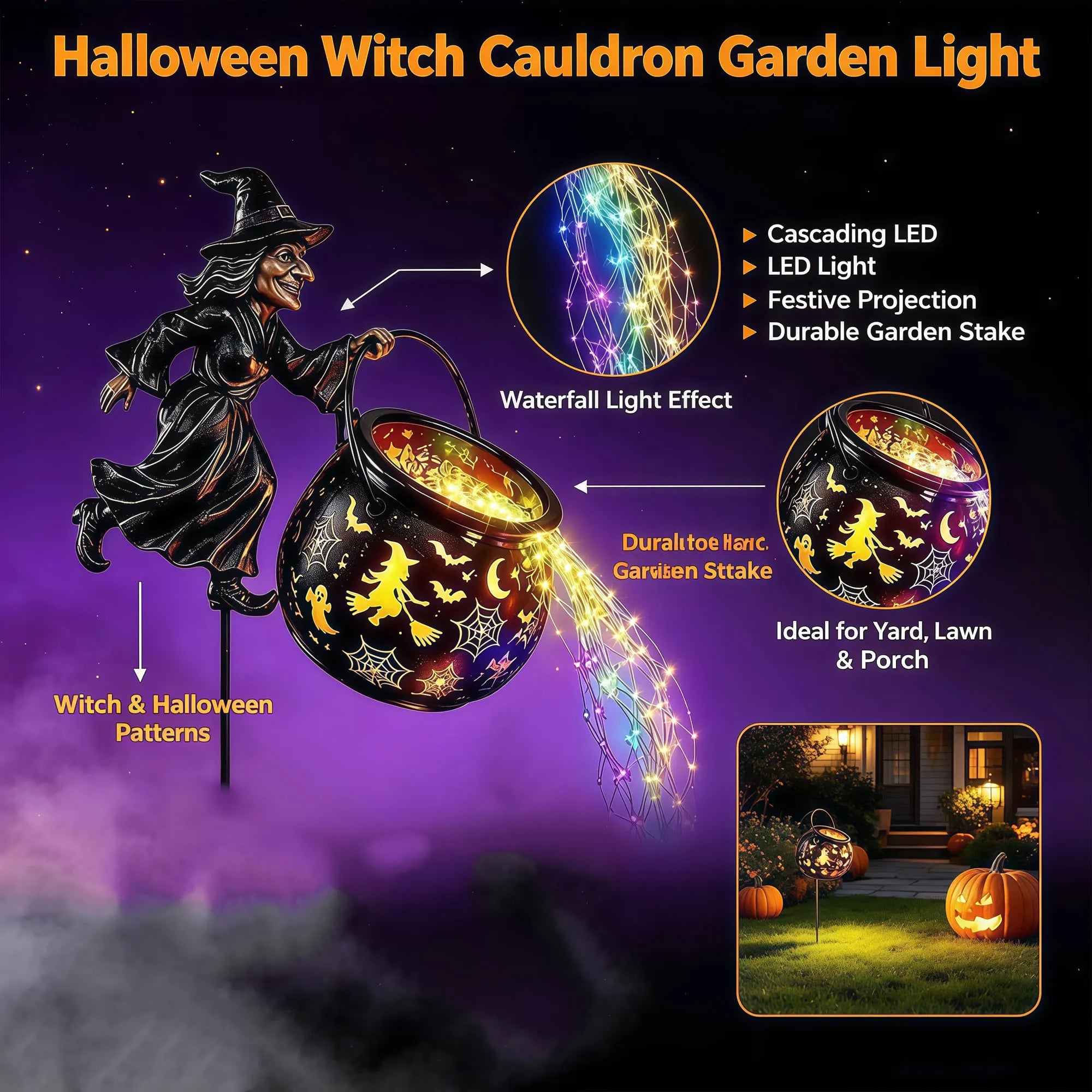 Solar Witch Cauldron Garden Stake Light, 100 LED, 33.5"