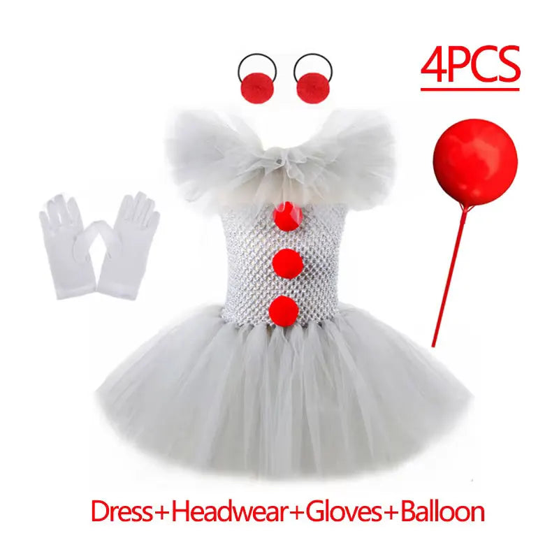 Girls Gray Creepy Clown Costume Handmade Mesh Tutu Dress Kids Halloween Carnival Cosplay