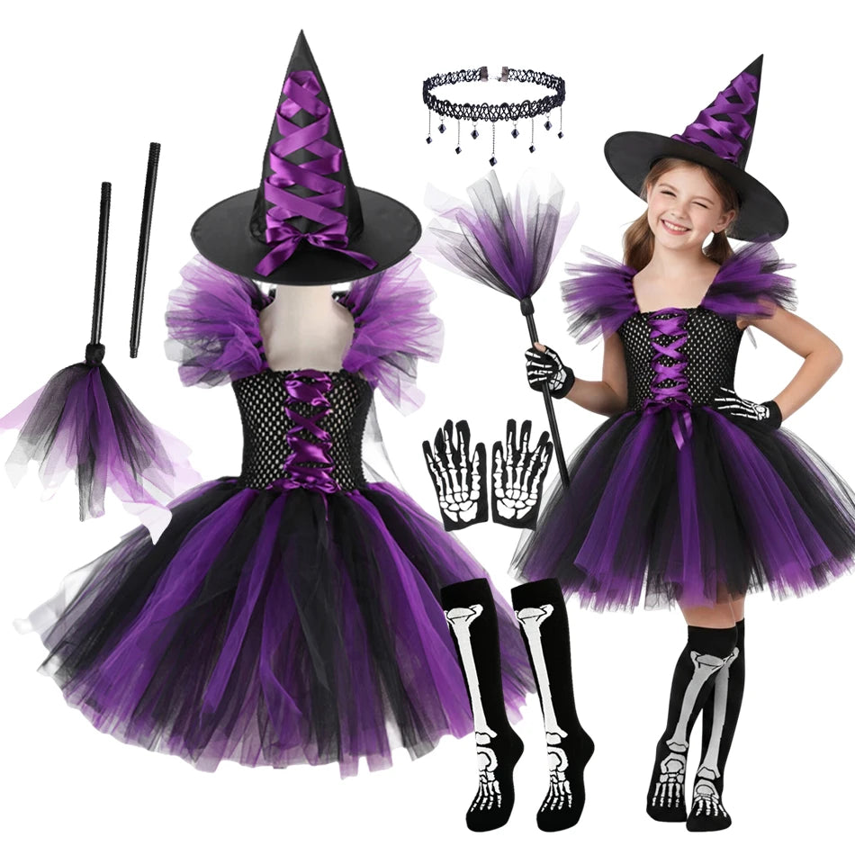 Girl Witch Halloween Disguise Costume With Hat Broom Dress Up Kids Cosplay Children Vestidos Outfit - product image 1