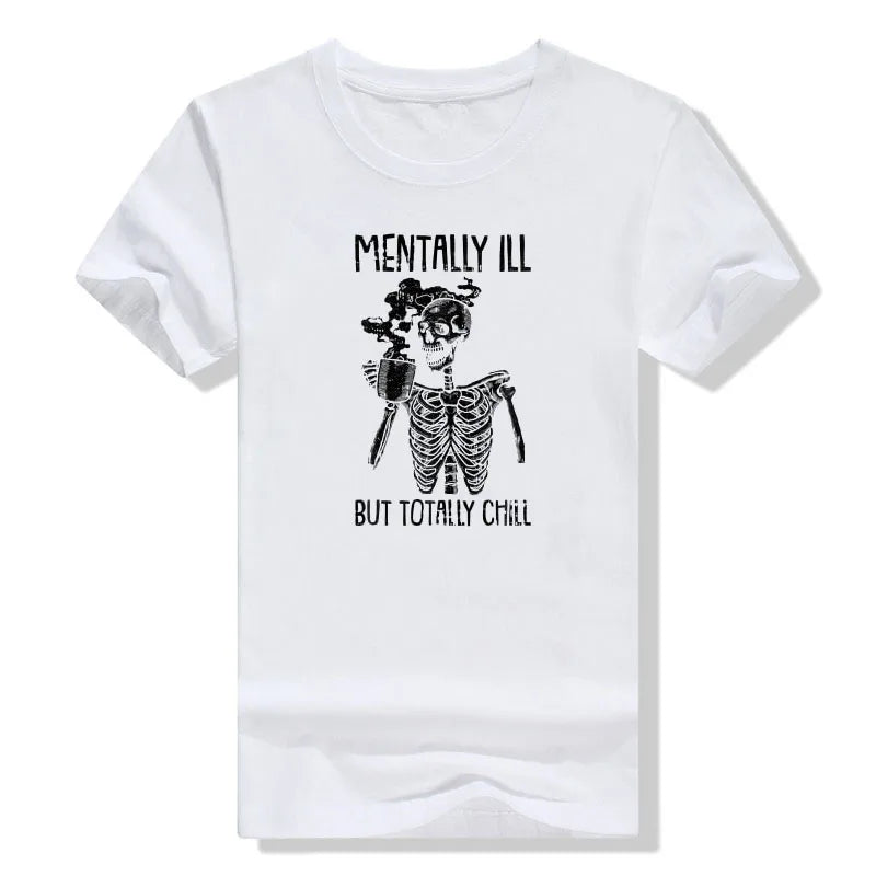 Mentally Ill But Totally Chill Skeleton T-Shirt Coffee Lover Costume - alternate view 9
