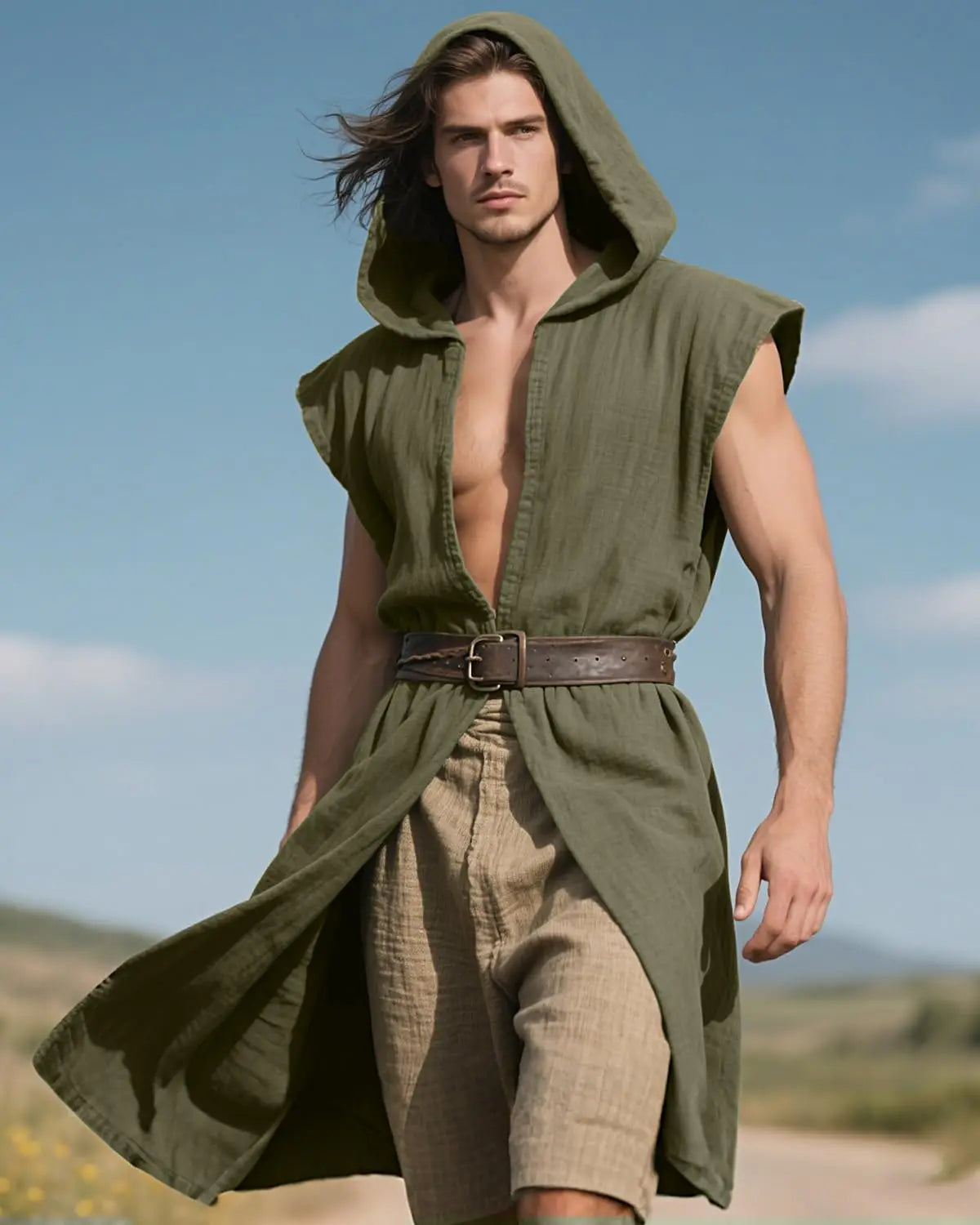 Men's Medieval Hooded Surcoat Renaissance Tabard Sleeveless Tunic Cloak Viking Costume - black / L