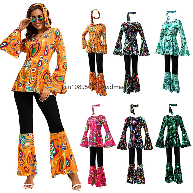 Women's Disco Multi-color Print Costume Hippie Cosplay Performance Clothes with Headband Set Female Dance - product image 2