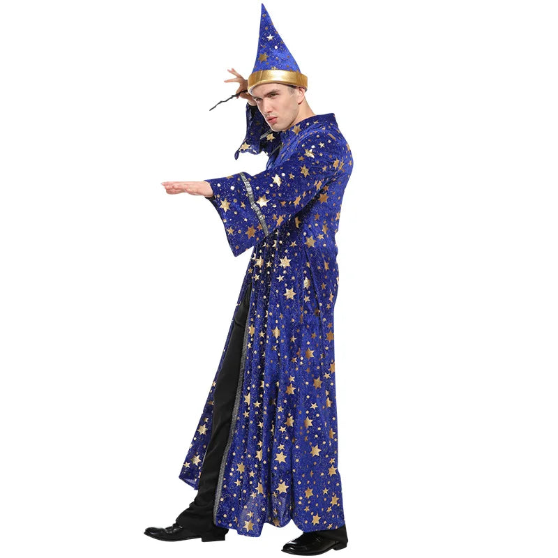 Halloween Costume for Men and Women Adult Wizard Magician Costume Blue Starry Robe + - View 3