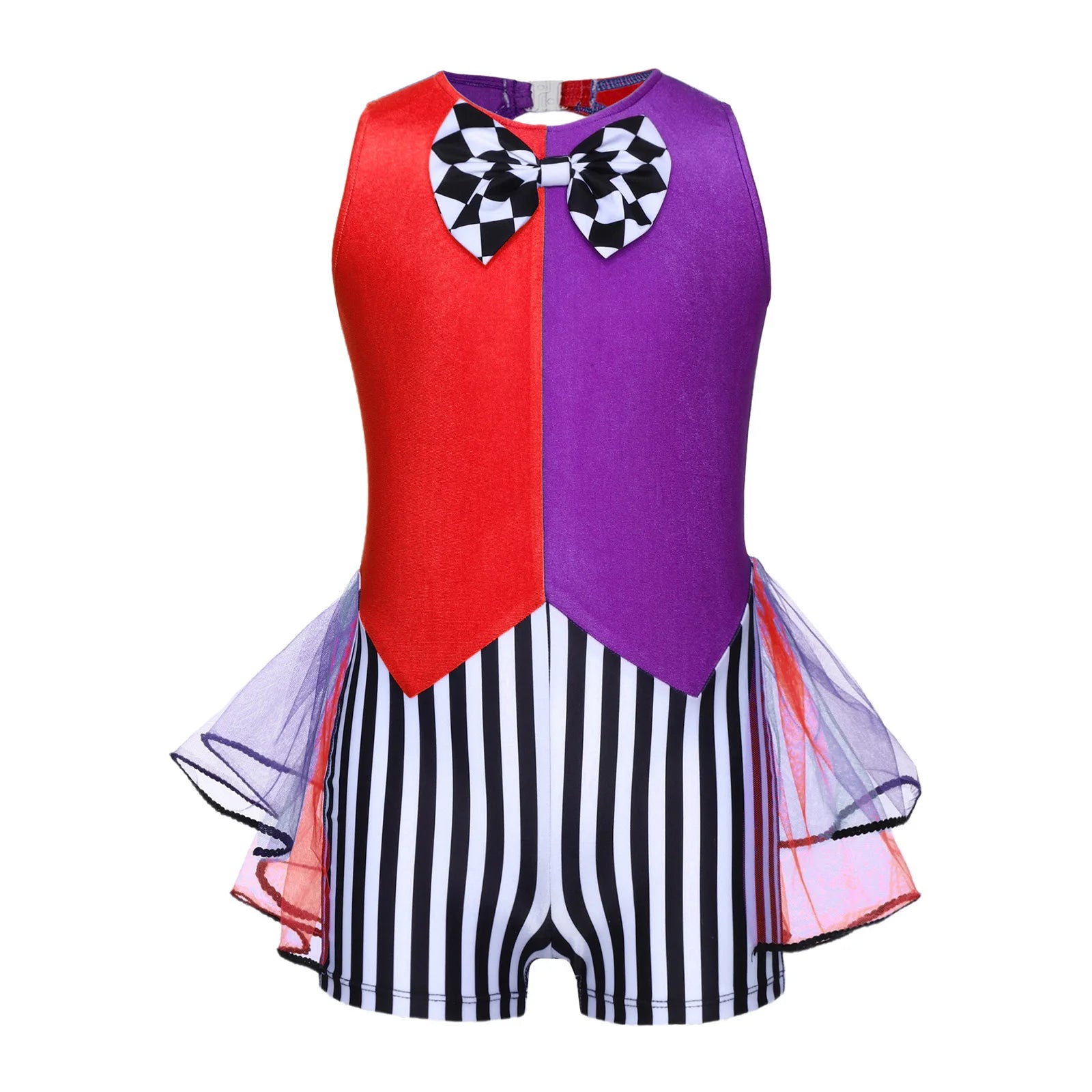 Kids Girls Circus Ringmaster Clown Costume Halter Rhinestone Checked Skirted Leotard - Red A / 16