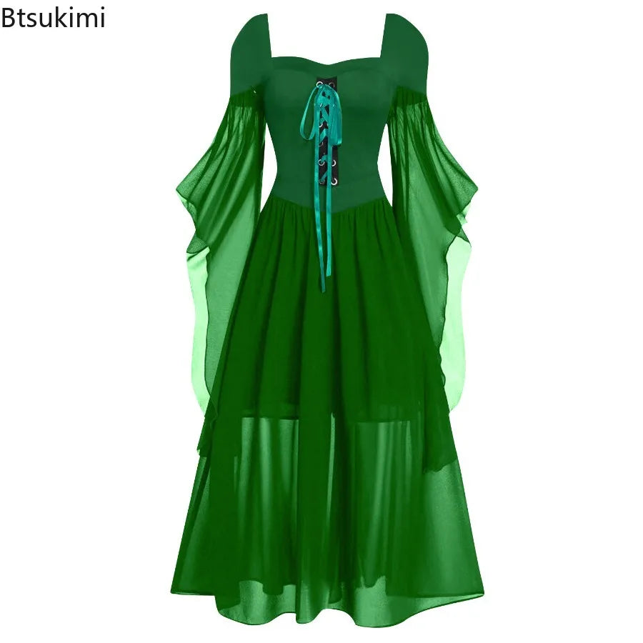 Women's Vintage Gothic Dress Halloween Witch Cosplay Costumes Off Shoulder Lace-Up Medieval Maxi Dress Retro - product image 5