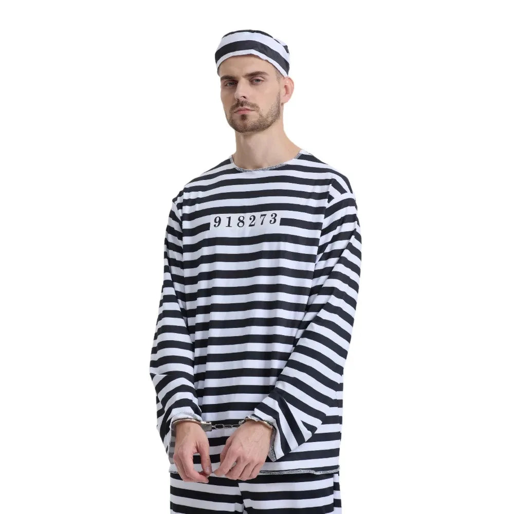 Adult Prisoner Halloween Costume Women Men Jail Costume Jumpsuit Convict Jailbird Outfit Shirt Pants - product image 2
