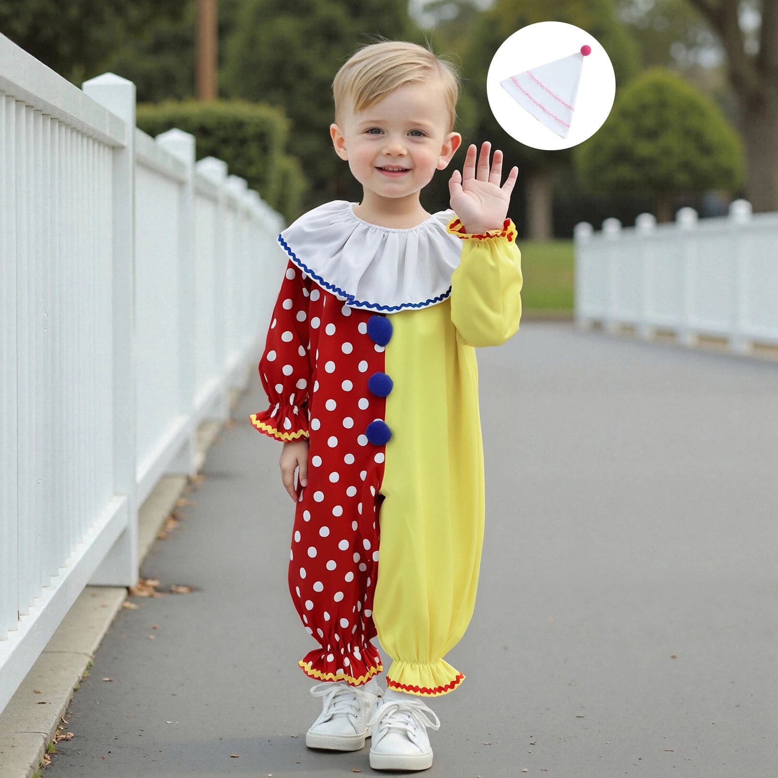 Toddler Baby Clown Halloween Costume Contrast Color Sleeve Jumpsuit and Hat 2 Pcs Set - B / 3-4Y