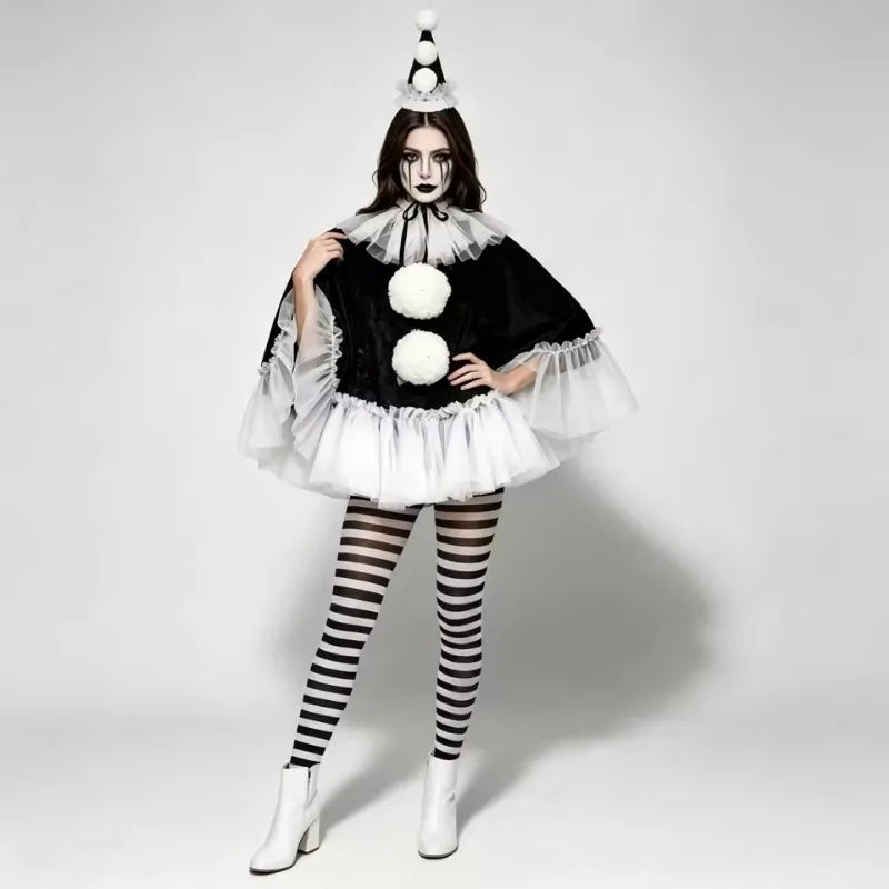Women's Black & White Pierrot Clown Costume – Lace Cape Poncho