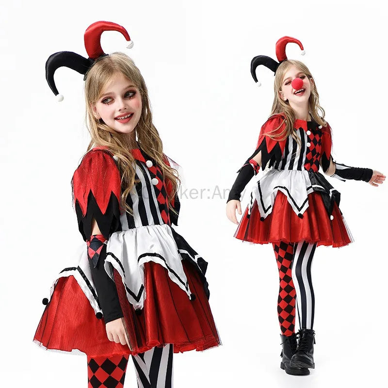 Naughty Girls Clown Costume Kids Circus Scary Tutu Dress Halloween Costume Jester Dress Up - set / 130