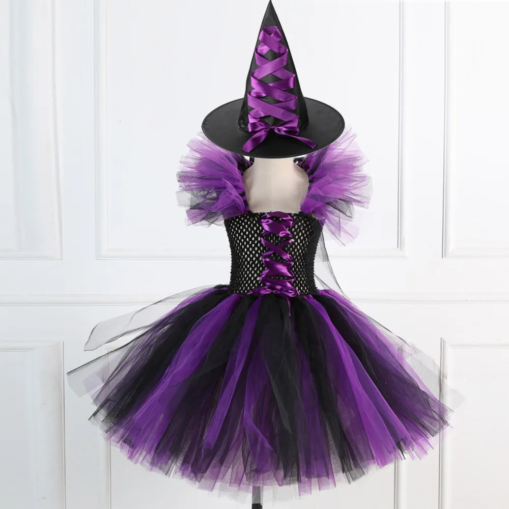 Kids' Witch Disguise Tutu Knee Hat Broom Pantyhose Halloween Costume - b3 / XXL(10-12Y)