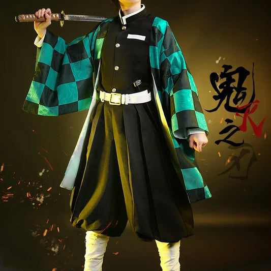 Anime Demon Slayer Tanjirou Kamado Costume Kimetsu No Yaiba Kimono Cloak Man Coat Lining - Full clothing / S