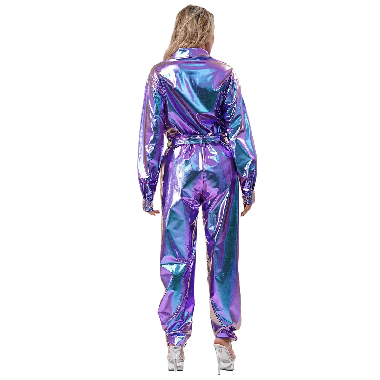 Women's Halloween Disco Astronaut Costume Holographic Shiny Metallic Overalls Bodysuit - Gold / XXL
