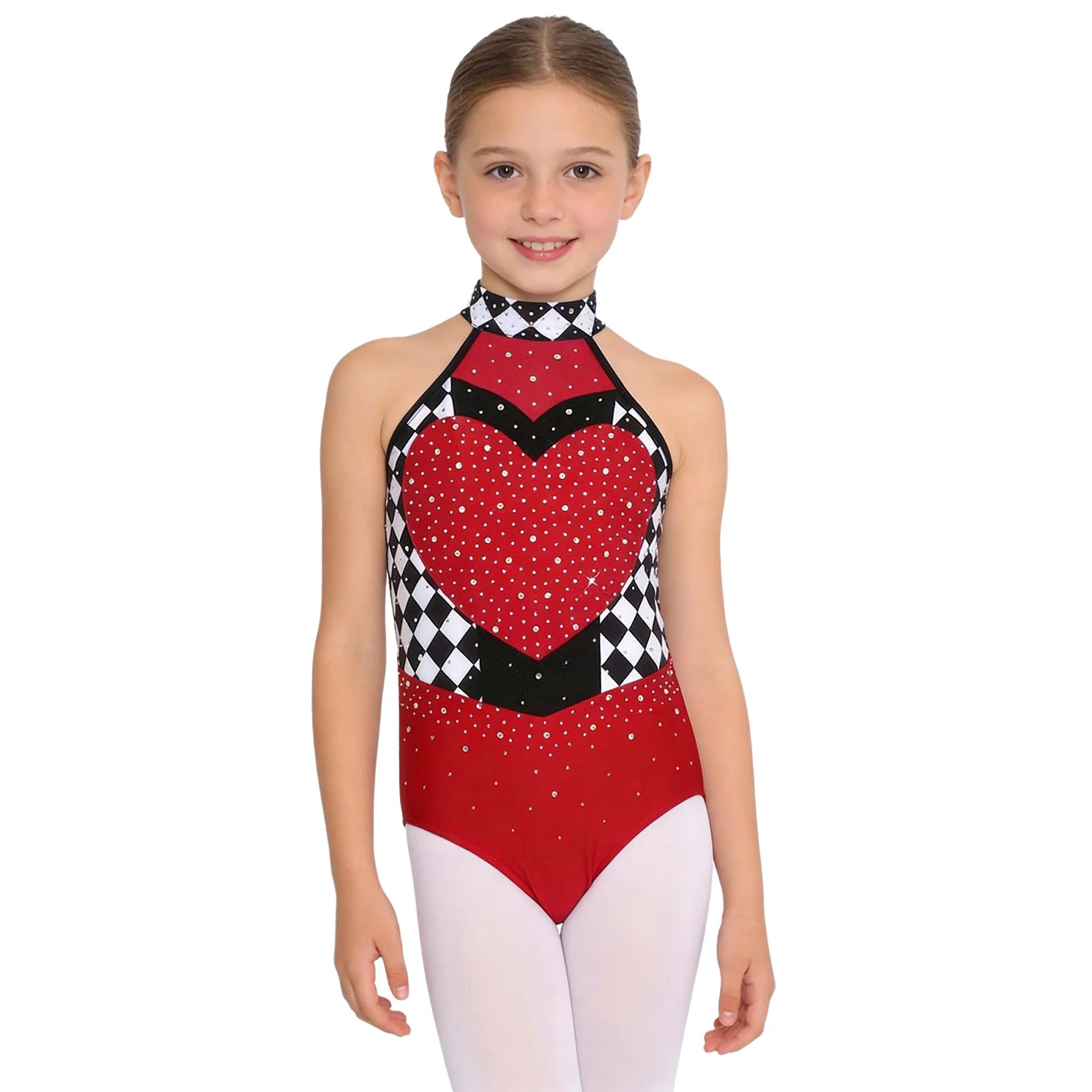 Kids Girls Circus Ringmaster Clown Costume Halter Rhinestone Checked Skirted Leotard - Red A / 8