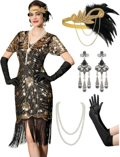 Flapper Dresses 1920s,Great Gatsby Dresses for Women Fringe Roaring 20s Costumes with 20s Accessories for Harlem Nights