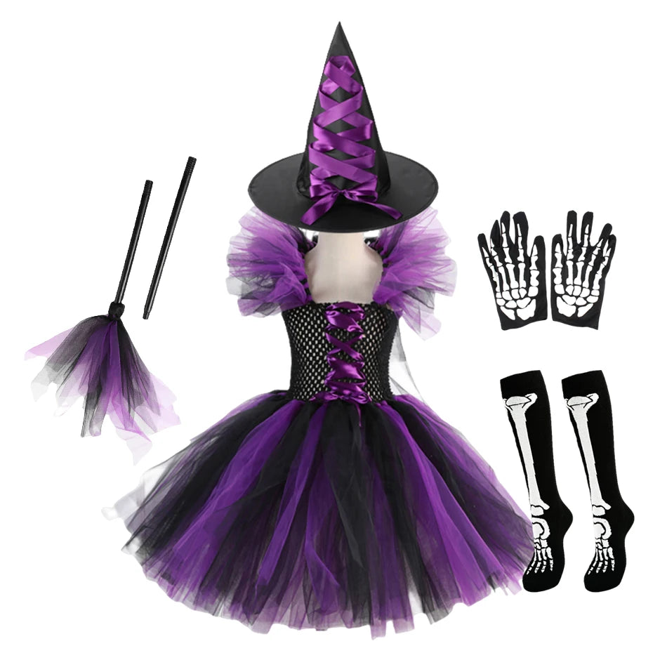 Girl Witch Halloween Disguise Costume With Hat Broom Dress Up Kids Cosplay Children Vestidos Outfit - product image 8