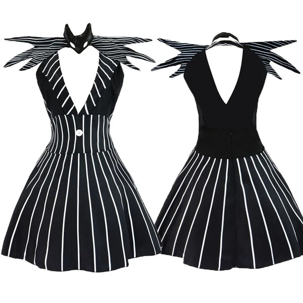 Anime Striped Skeleton Gentleman Costume Night Outfit Black Stripe Dress for Women's Halloween Fancy - Dress / L