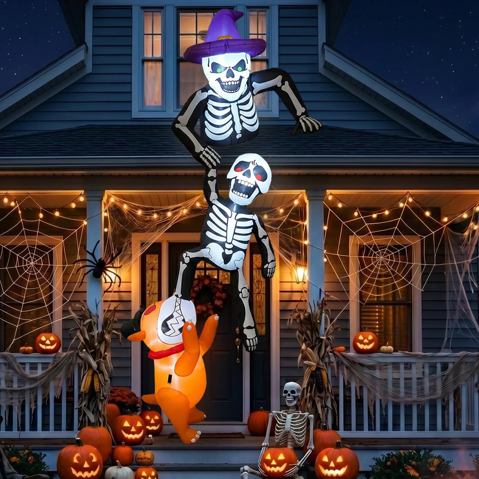 8FT Outdoor Inflatable Halloween Decoration Skeleton with Dog Biting Climbing Design for Patios Rooftops And - product image 1