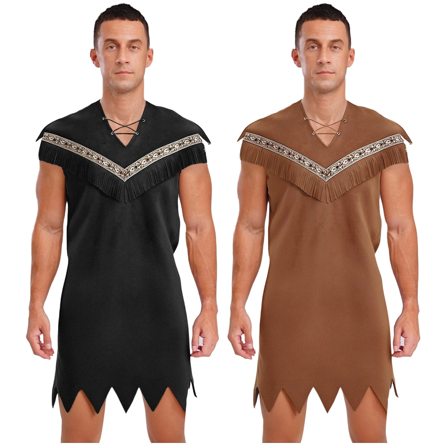 Men's Indian Indigenous Savage Aboriginal Hunter Sleeveless Fringe Costume - alternate view 2