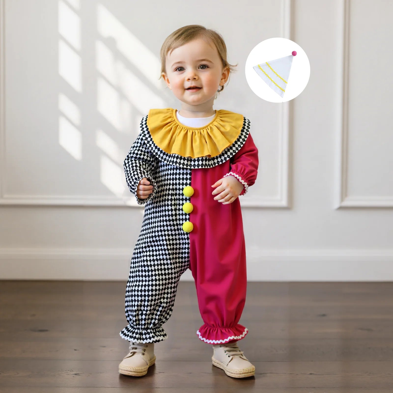Toddler Baby Clown Halloween Costume Contrast Color Sleeve Jumpsuit and Hat 2 Pcs Set - D / 18-24M