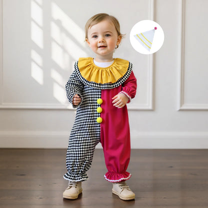 Toddler Baby Clown Halloween Costume Contrast Color Sleeve Jumpsuit and Hat 2 Pcs Set - D / 18-24M