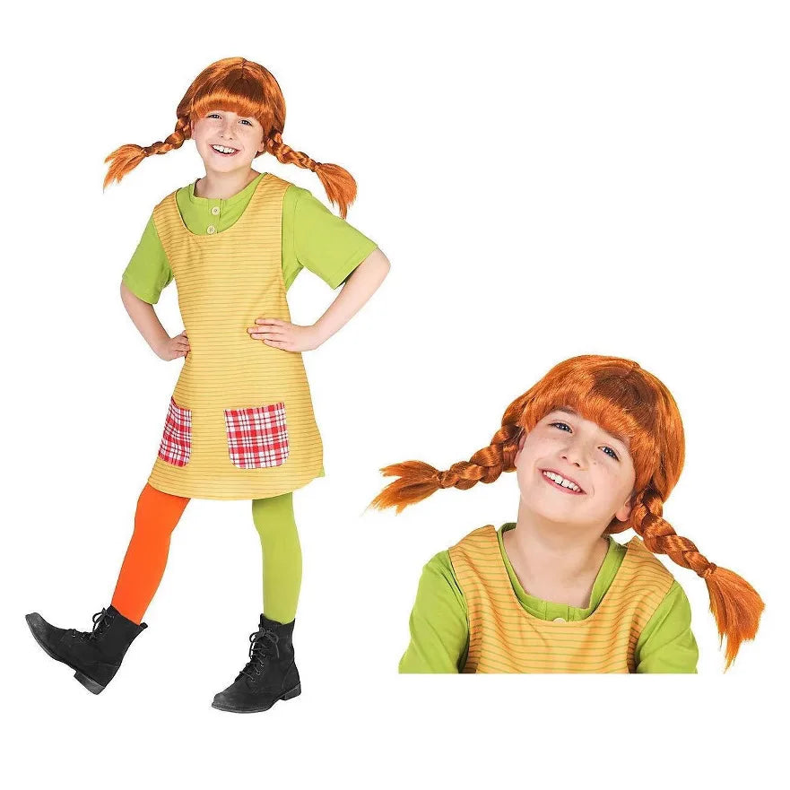 Pippi Longstocking Cosplay Costume Full Set Green T-Shirt Apron - view 4