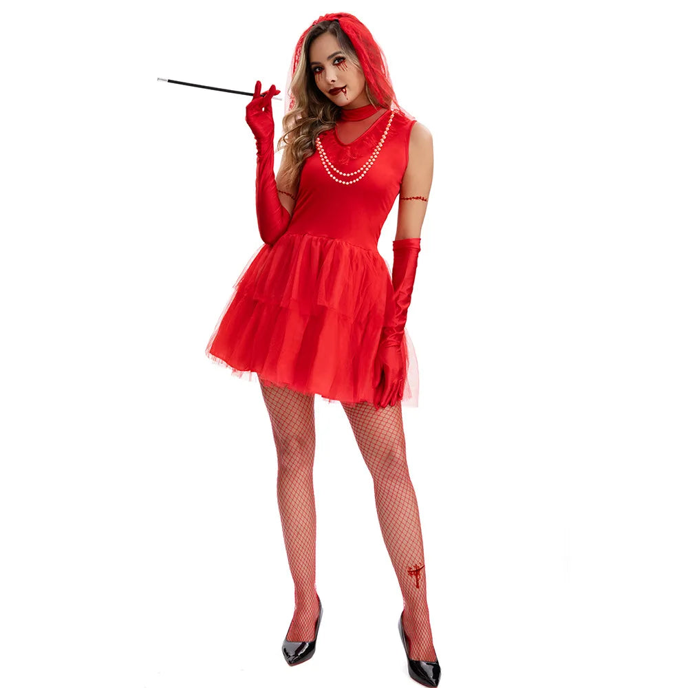 New Halloween Ghost Bride Red Wedding Dress Day of the Dead Gothic Dress with Veil Carnival Women Cosplay - product image 8