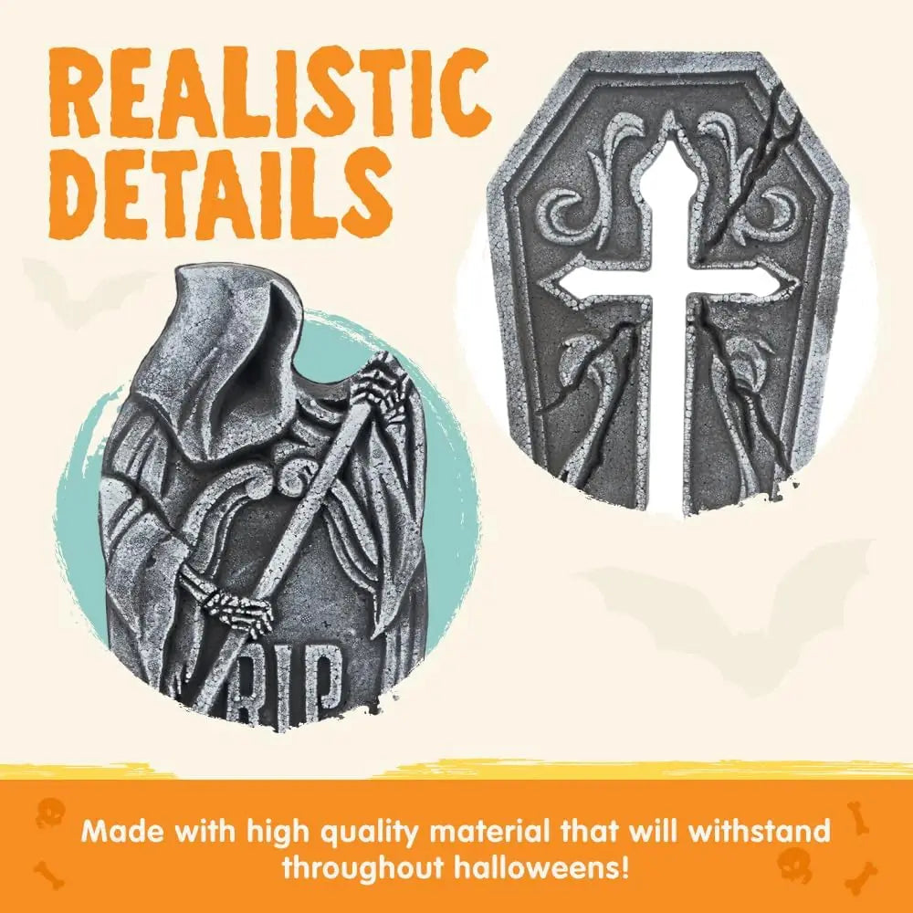17-Inch Halloween Foam Tombstones Set – 5 Pack Graveyard Yard Decorations with 12 Stakes