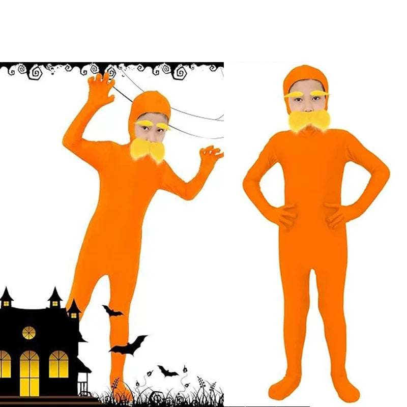 Adult Kid Halloween Jumpsuit Orange Costume Yellow Moustache and Eyebrow Baring Orange - Orange / kids 150cm