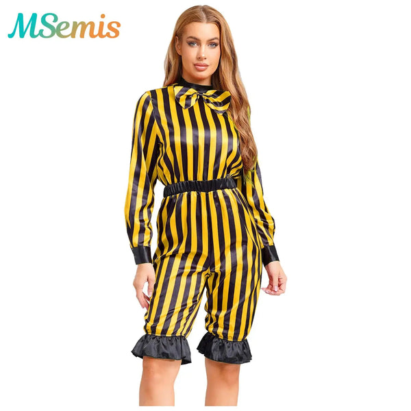 Women's Wicked Clown Circus Ringmaster Halloween Costume Striped Rompers Clubwear Bloomers - Yellow Black / L