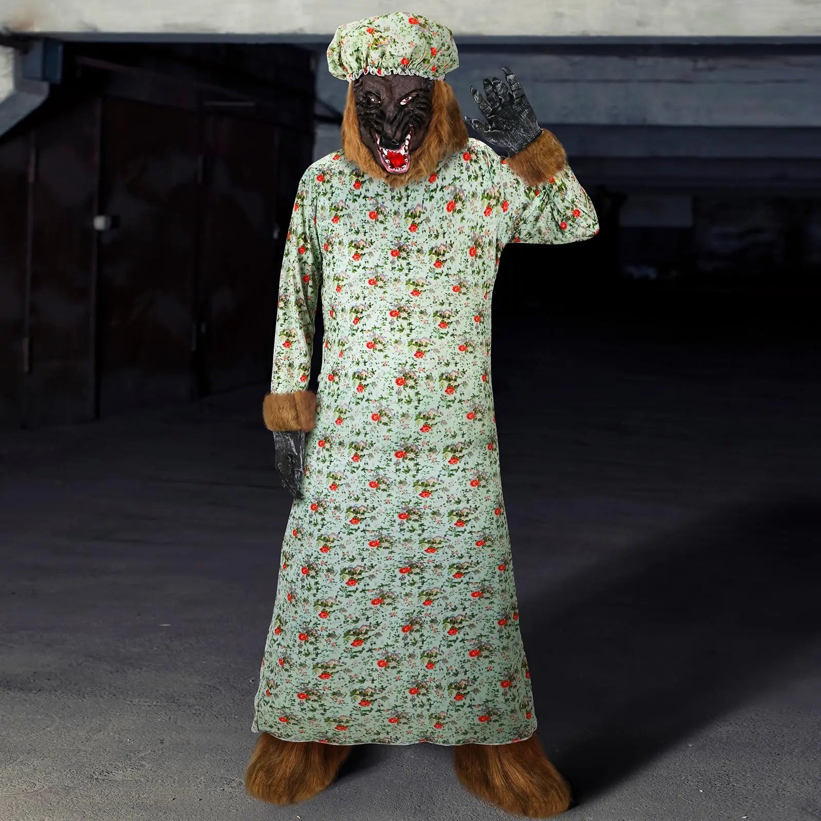 Wolf Granny Costume Set Adult Cosplay Dress Outfit with Hat Wolf Head Mask Gloves Leg Warmers for Christmas