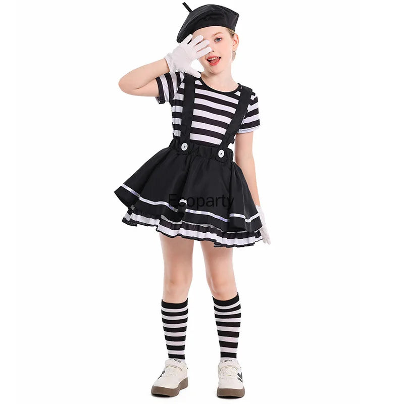Girls Silent Actor Mime Artist Costume Black White Clown Costume Dress for Kids Kids - Black / XS