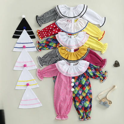 Toddler Baby Clown Halloween Costume Contrast Color Sleeve Jumpsuit and Hat 2 Pcs Set - B / 12-18M
