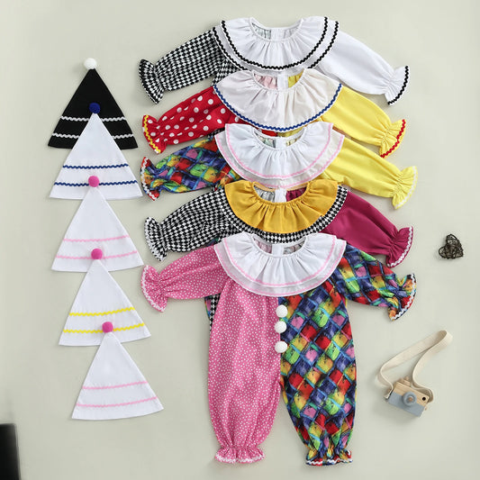 Toddler Baby Clown Halloween Costume Contrast Color Sleeve Jumpsuit and Hat 2 Pcs Set - B / 12-18M