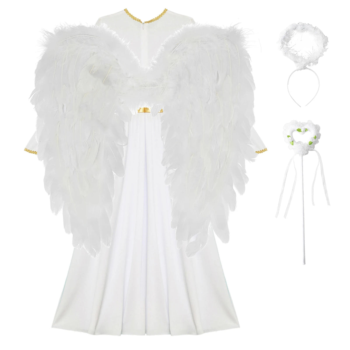 4Pcs Girls Angel Costume Outfits White Long Sleeve Dress with Feather Wings Hairband