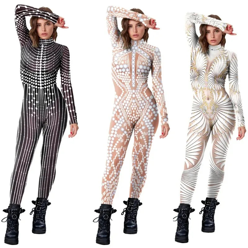 Halloween Cosplay Costume Shiny Sexy Lace Sequins Pattern 3D Printed Slim Bodysuit Theme Party Role Playing Jumpsuit for Women