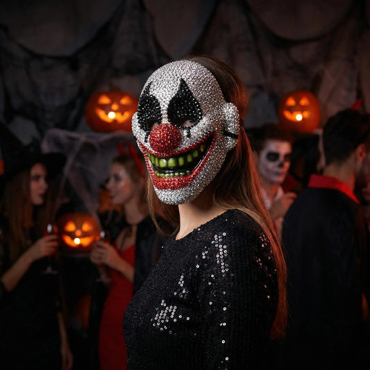 High-End Diamond-Studded Clown Mask for Man and Women Halloween Dance Mask Clown Costume - WHITE