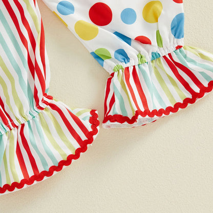 Toddler Baby Clown Costume Stripe Dot Print Sleeve Jumpsuit with Hat Baby Boy Halloween - Ivory / 18M