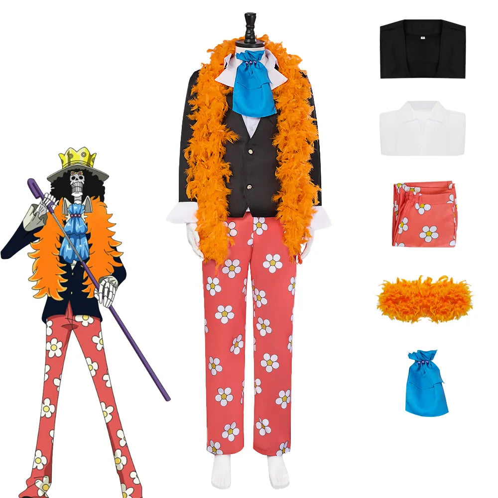 Halloween for Men Anime Soul Emperor Brook Costume Black Uniform Suit Orange Scarf Pant - Black SET / M