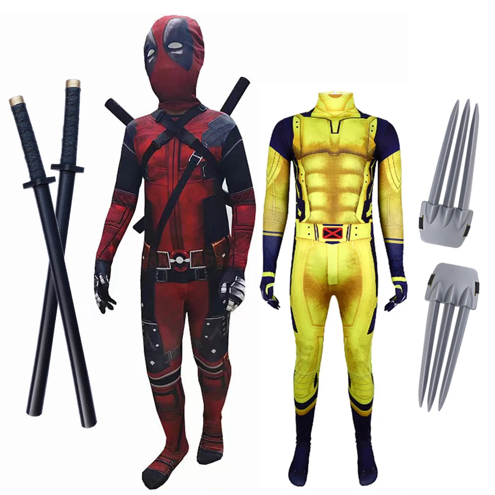 red-and-black masked anti-hero vs yellow clawed superhero Boys Superhero costume Spandex Suits with Accessories Swords Claws Children Birthday - product image 1