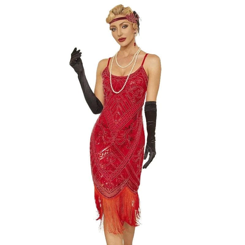 1920 Vintage Red Sequins Dress Women's Spaghetti Strap Tassel Dress Elegant Party Evening Dress Great Gatsby Flapper Costume