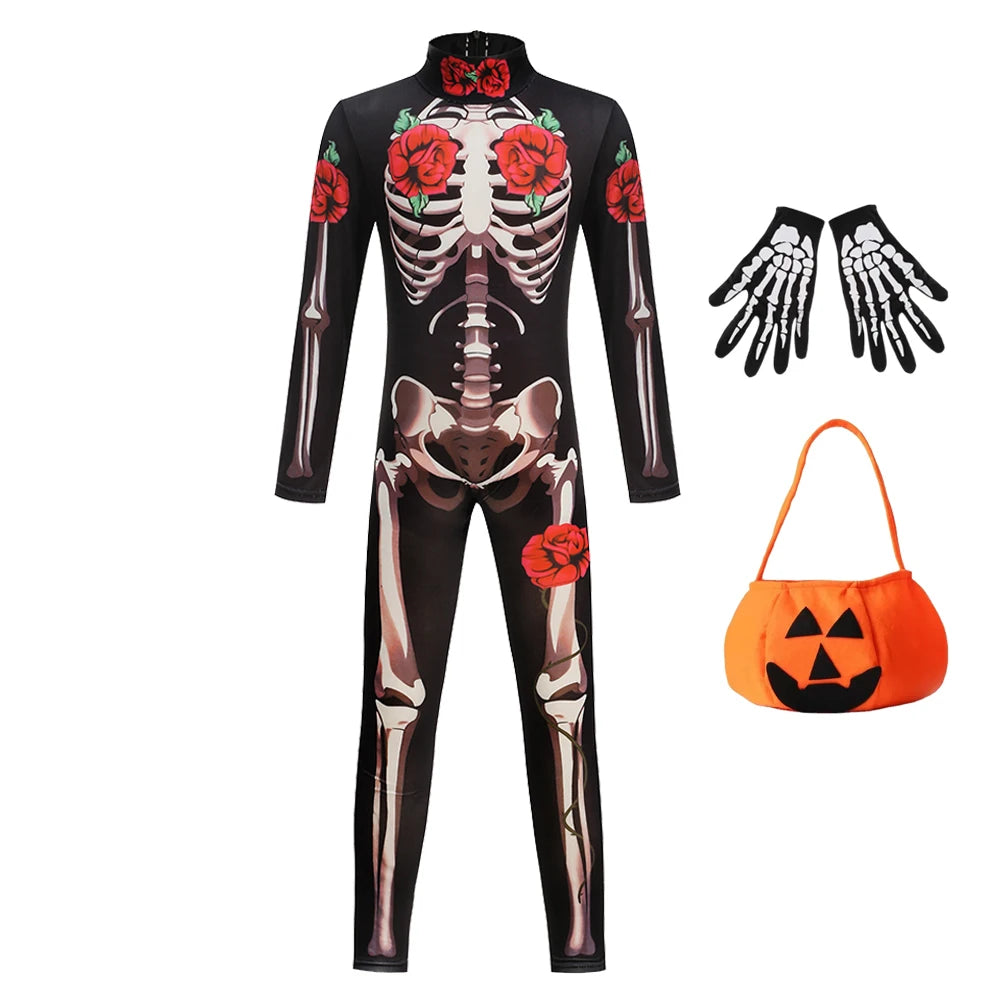 Girls Halloween Cosplay Ghost Bride Gothic Jumpsuit Rose Skeleton Scary - product image 6